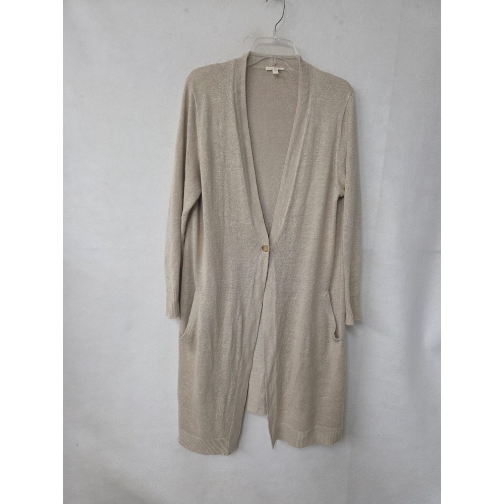 Eileen Fisher Cardigan Womens L Beige Organic Linen Longline V-Neck Duster